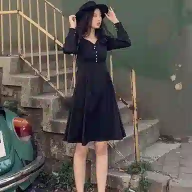 小镇姗姗 纯色灯笼长袖连衣裙