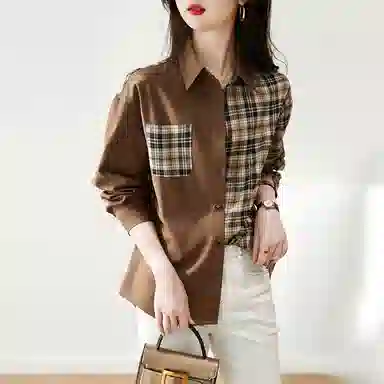 【dme】 拼接撞色格子长袖衬衫 女款 咖啡色