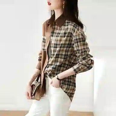 【dme】 拼接撞色格子长袖衬衫 女款 咖啡色