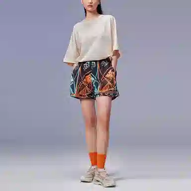 中国李宁 满印抽象图案系带宽松运动短裤 女款 地表灰色