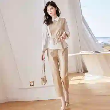 【dme】 衬衫职业套装优雅收腰时尚裤子两件套休闲套装 女款 杏色