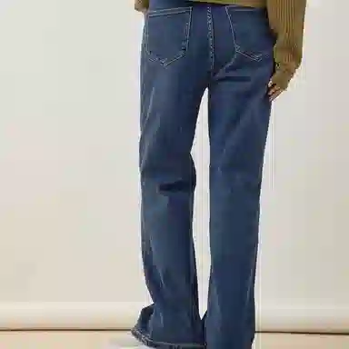 美洋 纯色高腰直筒牛仔裤 女款 深牛仔蓝