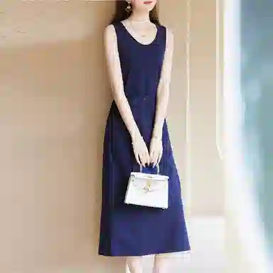 【dme】 纯色圆领腰带设计无袖连衣裙 藏青