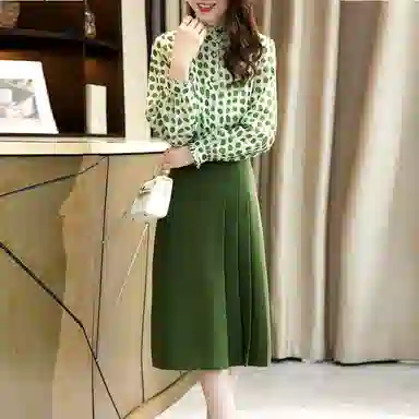 【dme】圆点印花长袖衬衫纯色褶皱半身裙裙装套装 女款 绿色