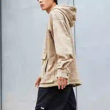 中国李宁 篮球系列 撞色满印抽绳连帽长袖卫衣 男女同款 卡其色