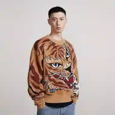 虎头刺绣休闲针织宽松毛衣 男女同款 棕色