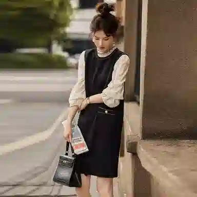 【dme】 纯色圆领条纹拼接无袖连衣裙