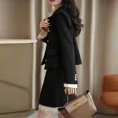 【dme】 拼色圆领长袖上衣拼接木耳边裙子裙装套装 女款 黑色
