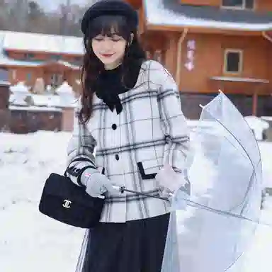 小镇姗姗 格纹方领双面呢大衣 女款 灰格子