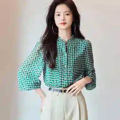 【dme】 印花立领休闲泡泡长袖衬衫 女款 石绿