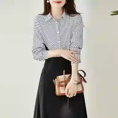 【dme】 条纹拼接翻领长袖连衣裙 藏青