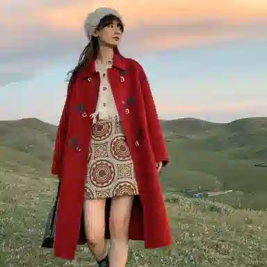 小镇姗姗 纯色双面呢中长款大衣 女款