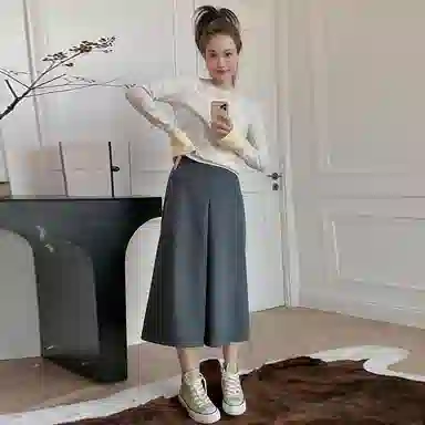 美洋 纯色高腰宽松长款半身裙 水泥灰