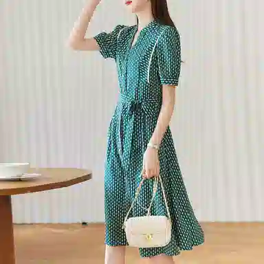 【dme】单排扣蝴蝶结满印短袖连衣裙 墨绿