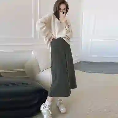 美洋 纯色高腰宽松长款半身裙 水泥灰