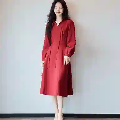 【dme】法式复古收腰气质中长款长袖连衣裙