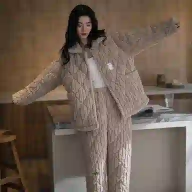 同语 冬季三层夹棉加厚法兰绒珊瑚绒 睡衣家居服加绒套装 女款