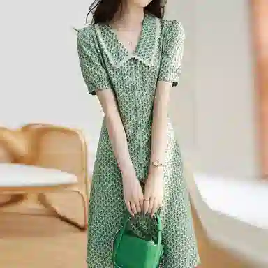【dme】碎花娃娃领短袖连衣裙 绿色