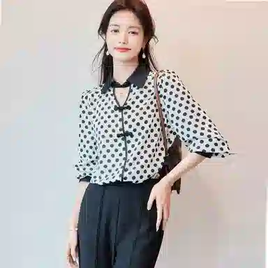 【dme】 波点图案休闲长袖衬衫 女款 米白