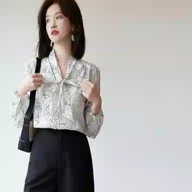 【dme】印花蝴蝶结长袖衬衫 女款 米白