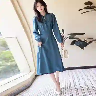 【dme】法式复古收腰气质中长款长袖连衣裙