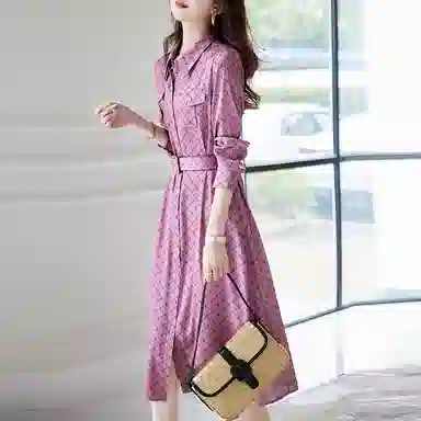 【dme】 印花翻领休闲长袖连衣裙 皮粉