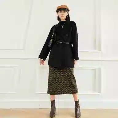 美洋 腰部松紧提花后部开叉针织半身裙 绿色