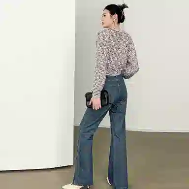 美洋 复古高腰休闲微喇牛仔裤 女款 深牛仔蓝