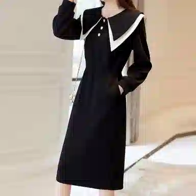 【dme】休闲纯色中腰长袖连衣裙 黑色