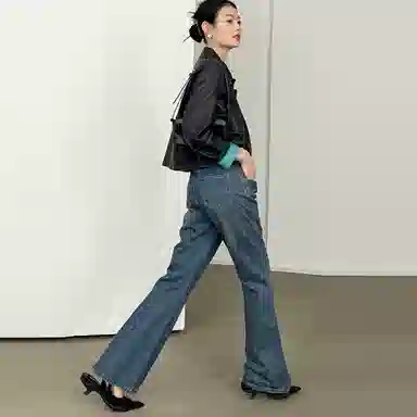 美洋 复古高腰休闲微喇牛仔裤 女款 深牛仔蓝