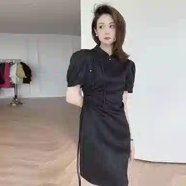 美洋 琼枝挽月裙自带书卷气~琵琶扣短袖提花短裙旗袍 女款