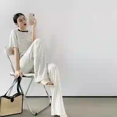 美洋 条纹高腰阔腿休闲裤 女款 米色