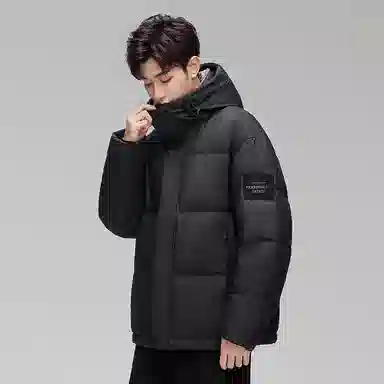 鸭鸭 撞色格子领保暖中长款连帽羽绒服外套 男款