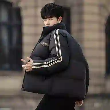 鸭鸭 条纹立领休闲宽松羽绒服 男款