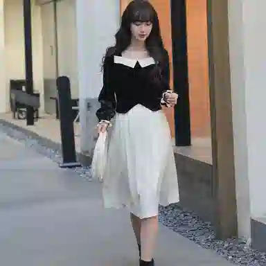 小镇姗姗 撞色休闲假两件长袖连衣裙