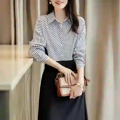 【dme】 条纹拼接翻领长袖连衣裙 藏青