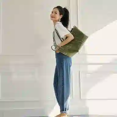 美洋 纯色高腰系扣牛仔裤 女款 浅蓝色