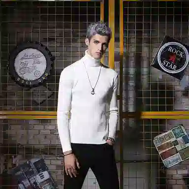 纯色打底高领套头修身毛衣 男女同款 白色 情侣款