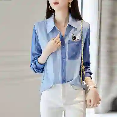 【dme】卡通刺绣拼色长袖衬衫 女款 浅牛仔蓝