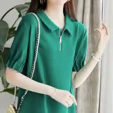 【dme】纯色翻领宽松短袖连衣裙 绿色