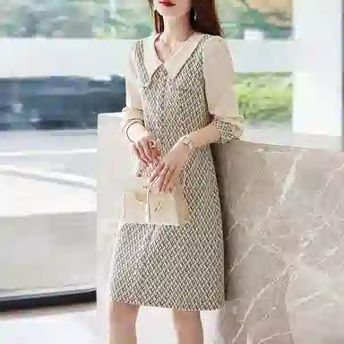 【dme】 套头翻领拼接长袖连衣裙 米白色