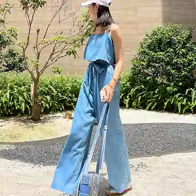 美洋 假两件吊带阔腿连体裤 女款 蓝色