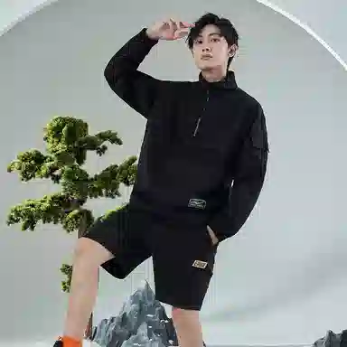 鸿星尔克 伍岳独尊 纯色口袋梭织套头长袖立领卫衣 男款 正黑