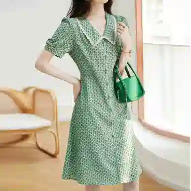 【dme】碎花娃娃领短袖连衣裙 绿色