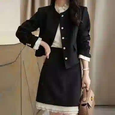 【dme】 拼色圆领长袖上衣拼接木耳边裙子裙装套装 女款 黑色