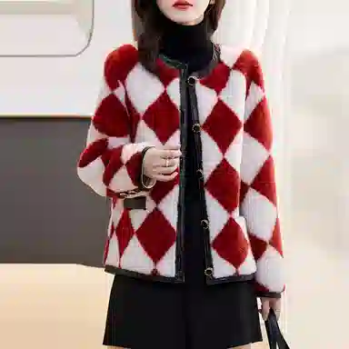 【dme】 棋盘格羊羔毛呢大衣 女款 红色