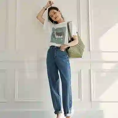 美洋 纯色高腰系扣牛仔裤 女款 浅蓝色