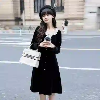 小镇姗姗 纯色丝绒蝴蝶结点缀长袖连衣裙 黛黑色