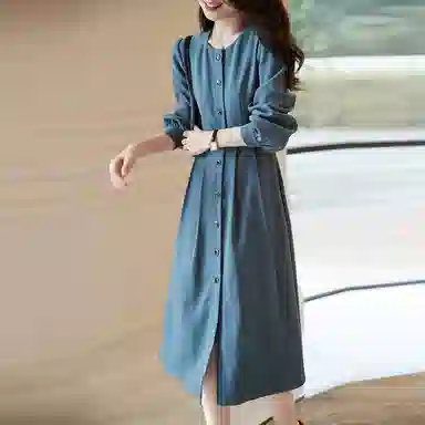 【dme】 圆领复古蓝长袖连衣裙 灰蓝