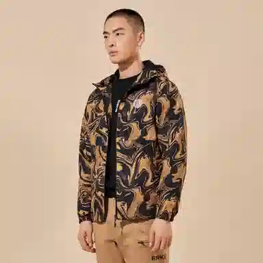 鸿星尔克 纹理感字母印花休闲加绒加厚连帽保暖风衣 男款 雅丹橙